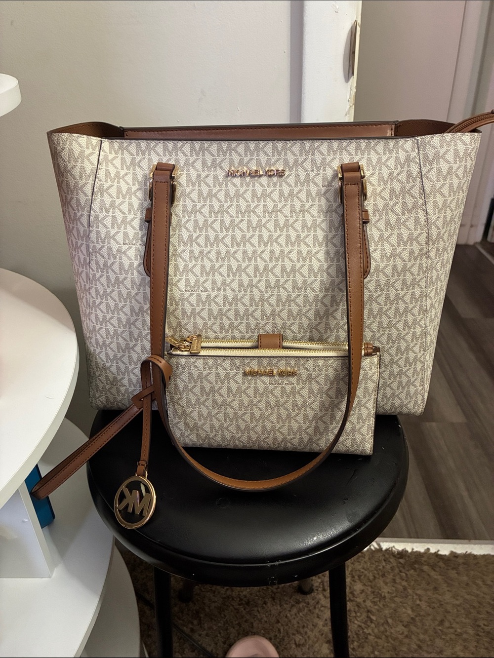 Michael Kors Beige and Brown Signature MK Tote with Matching Pouch